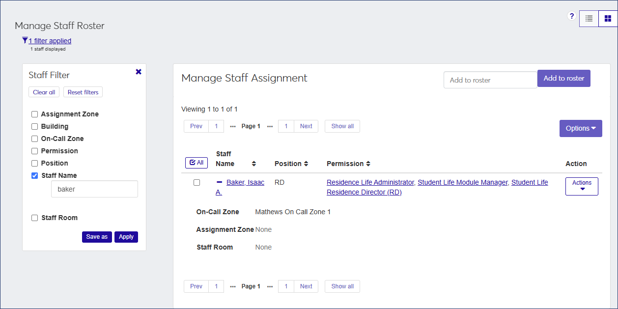 Manage Staff Assignment page