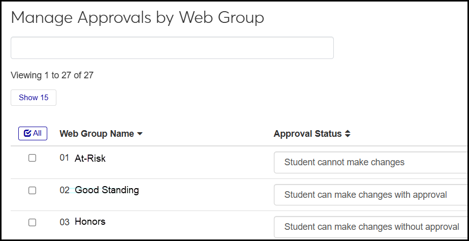 The Manage Approvals by Web Group page showing 3 Web Groups. One doesn't allow the student to make changes, another allows it with approval, and the other allows it without requiring approval.