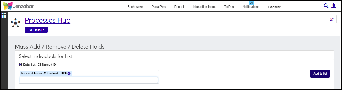 J1 Web Mass Add/Remove/Delete Holds Process page showing the Select Individuals for List section using a search for a Data Set. The Add to List button is enabled.