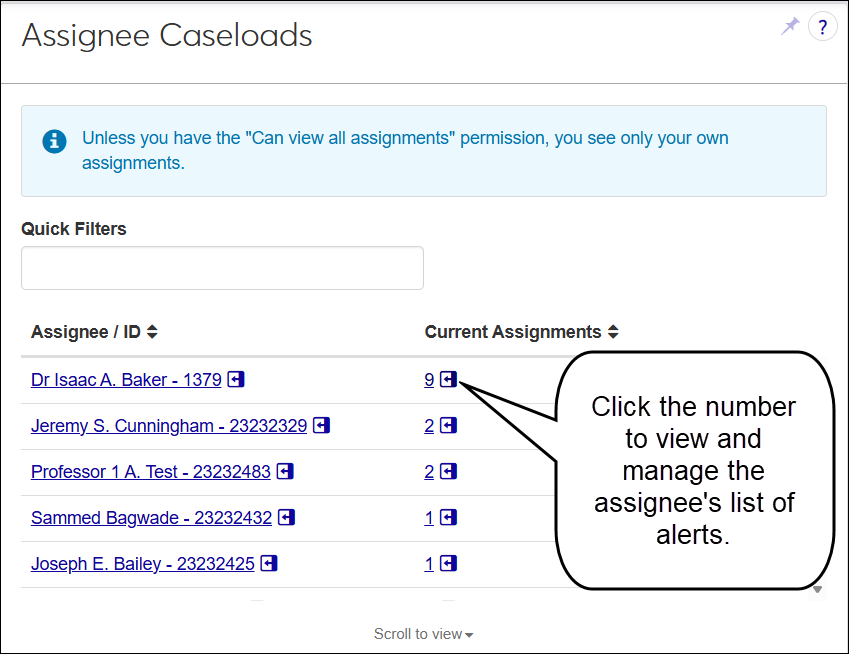 The Assignee Caseloads block showing several assignees and the numbers of assignments they have. A callout says "Click the number to view and manage the assignee's list of alerts."