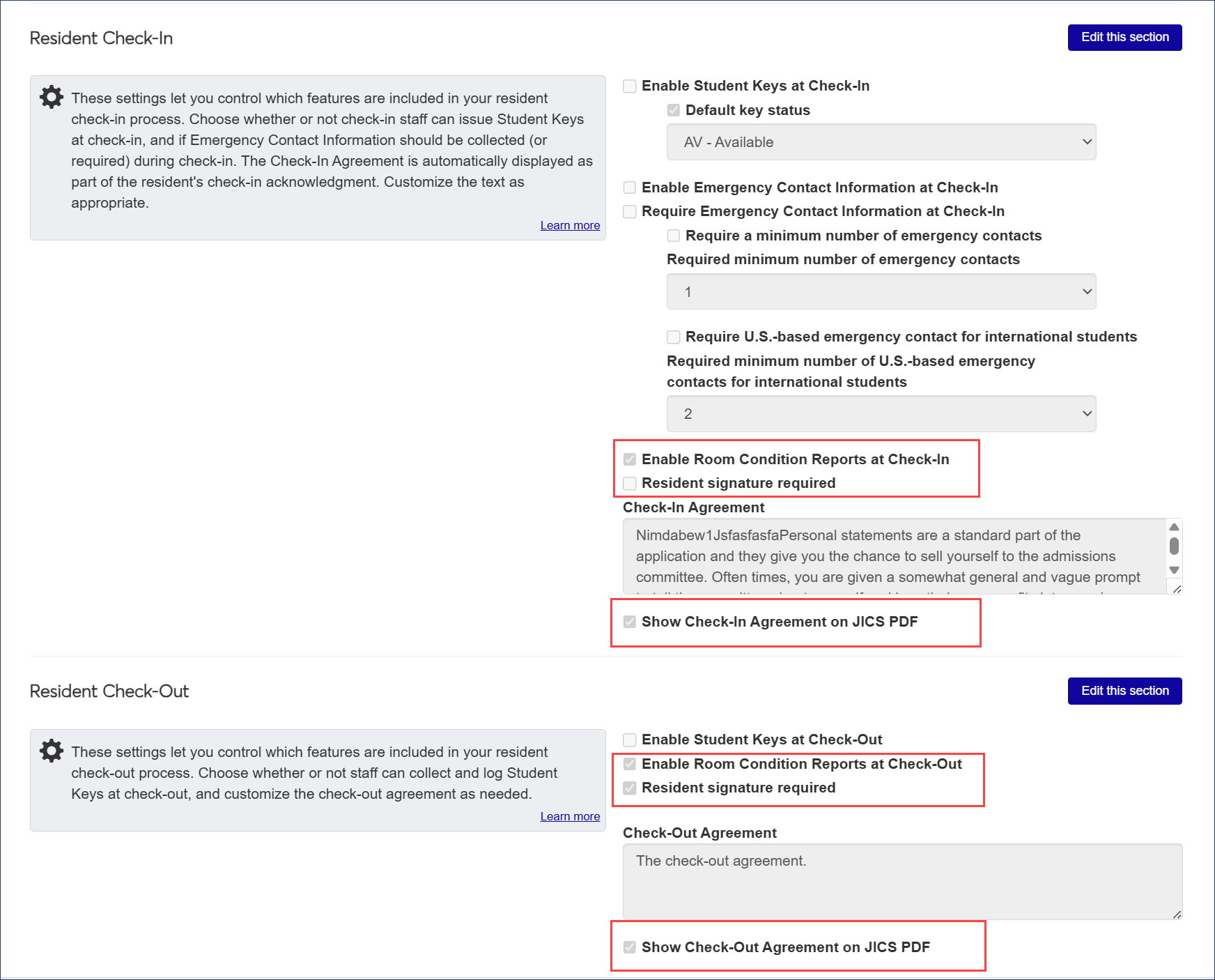 Residence Life Settings page - new settings highlighted