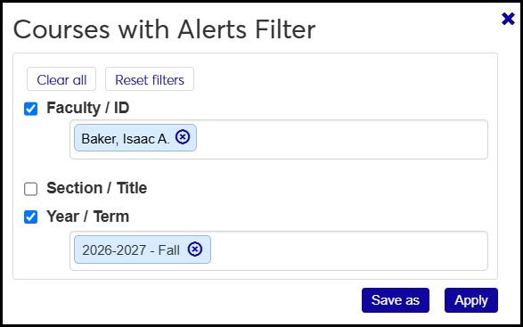 The filter on the Courses with Alerts block. It shows filteres selected for Faculty and Year / Term but not for Section / Title.
