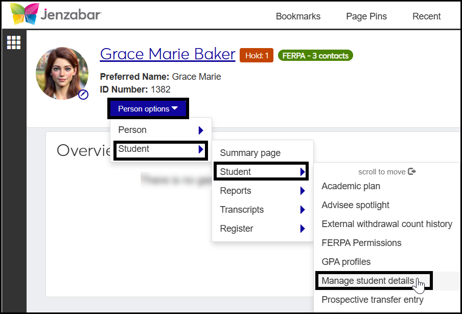 Person Summary page with the Person Options drop-down expanded. The user selected Student, Student, Manage student details.
