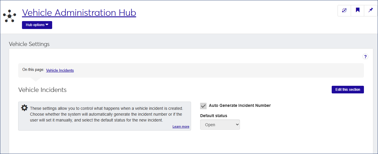 Vehicle Settings page