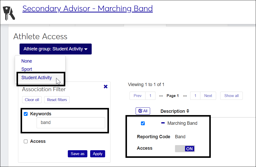 The Edit page for a Secondary Advisor - Marching Band role showing Student Activity options with Marching Band selected