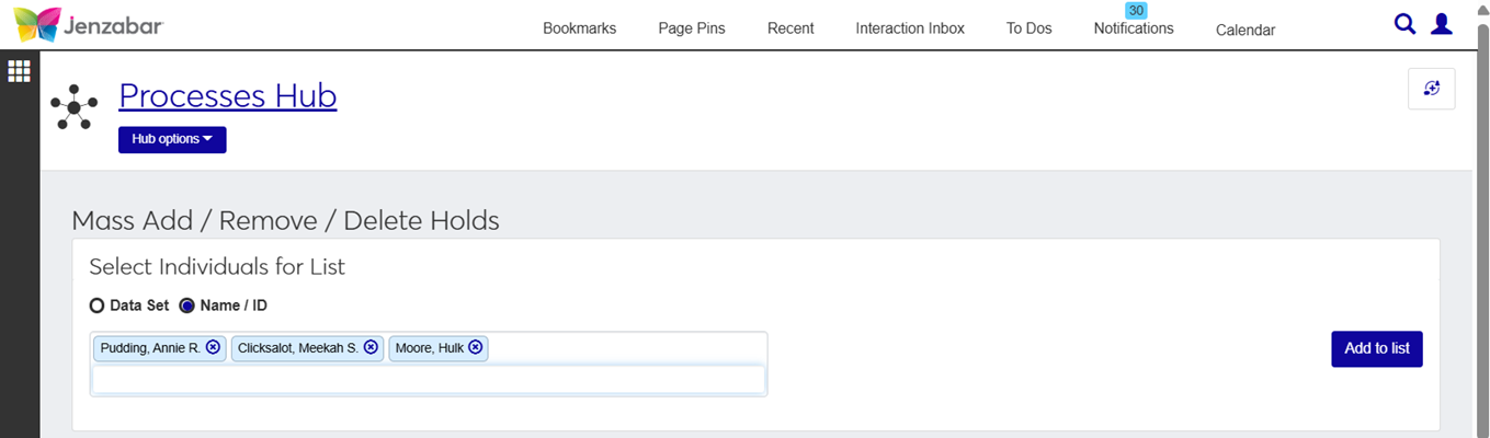 J1 Web Mass Add/Remove/Delete Holds Process page showing the Select Individuals for List section using a search for a Name or ID Number. The Add to List button is enabled.