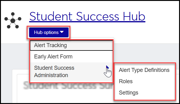 The Hub options drop-down showing all the options