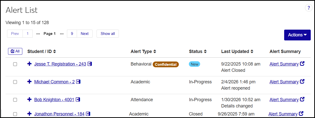 The Alert List page showing a list of alerts, their type, their status, and when they were last updated