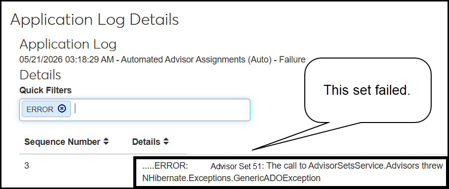The Application Log Details pop-up showing that Advisor Set 51 has an error