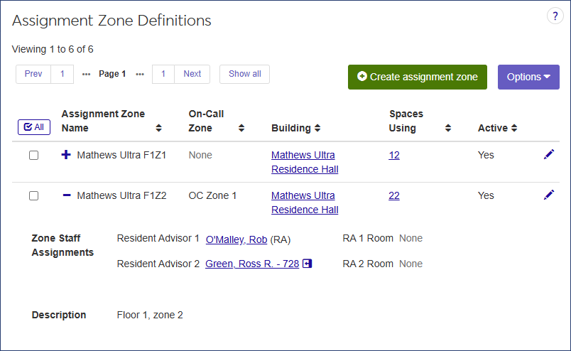 Assignment Zone Definitions page, Zone Staff Assignments column highlighted