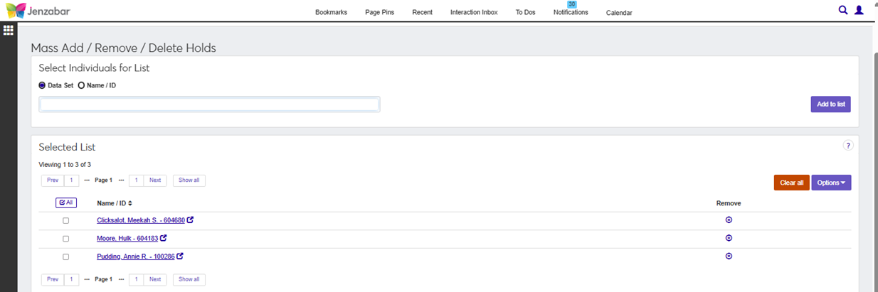 J1 Web Mass Add/Remove/Delete Holds page showing a populated Selected List after searching for a Data Set and clicking Add to List button.