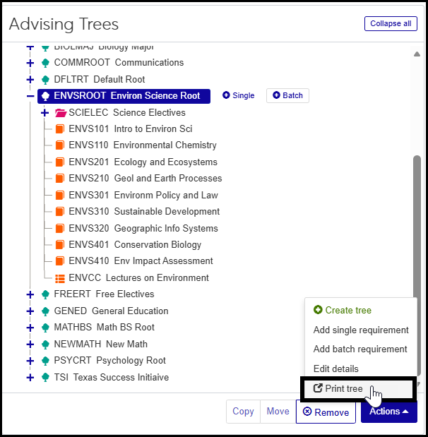 Advising Trees page showing the Print Tree option in the Actions drop-down