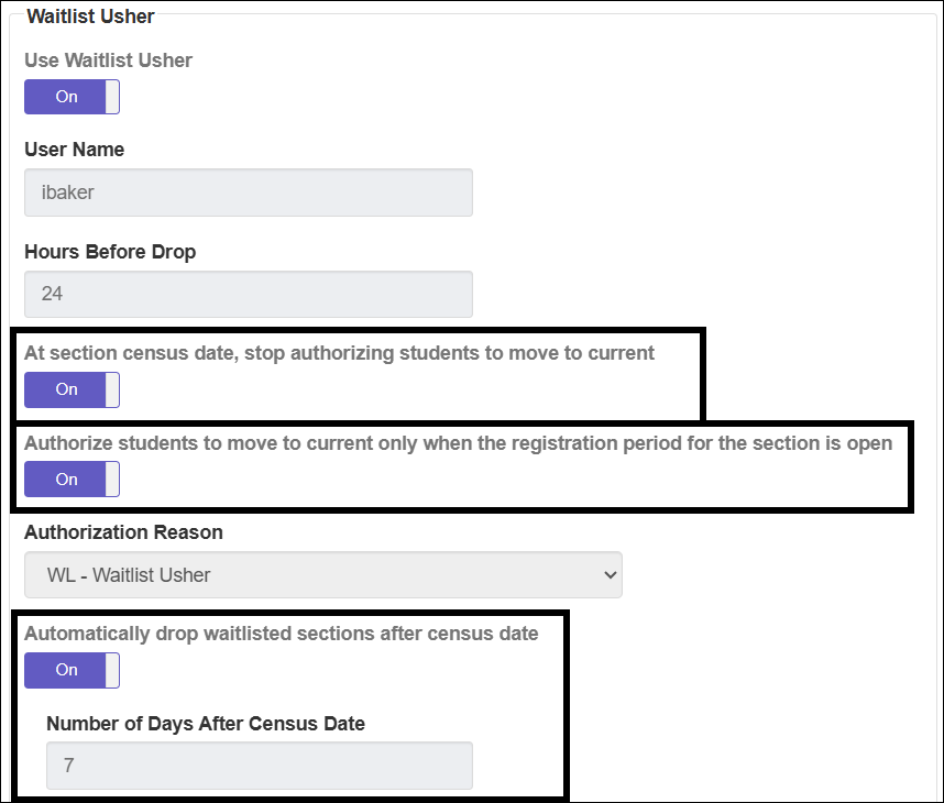 Enrollment Settings page showing the Waitlist Usher settings