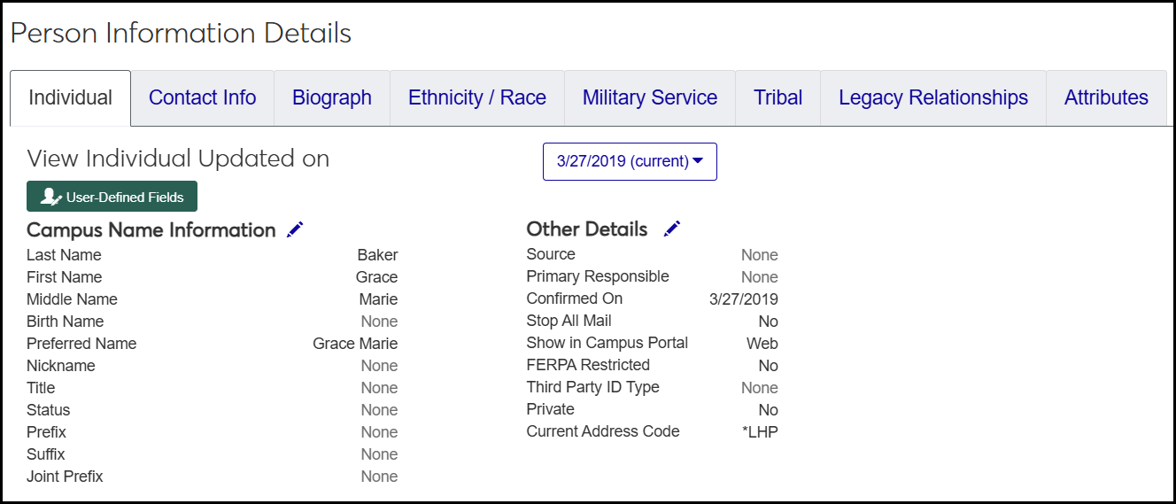 Person Information Details window showing each of the tabs