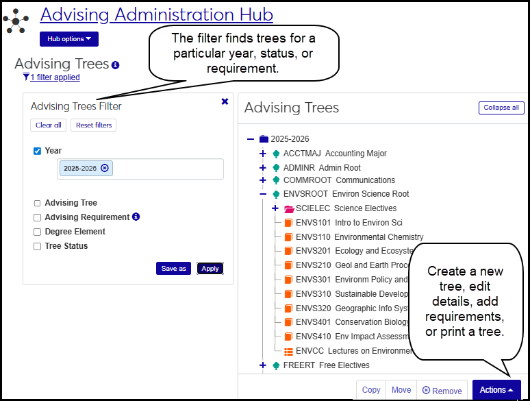 Advising Trees page showing the all the advising trees for the 2025-2026 year