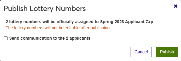 Publish Lottery Numbers pop-up window