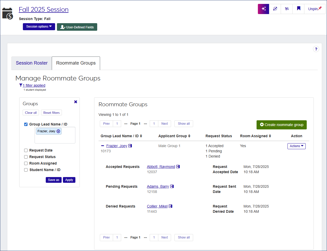 Roommate Groups tab accessed from the Manage Session Roster page