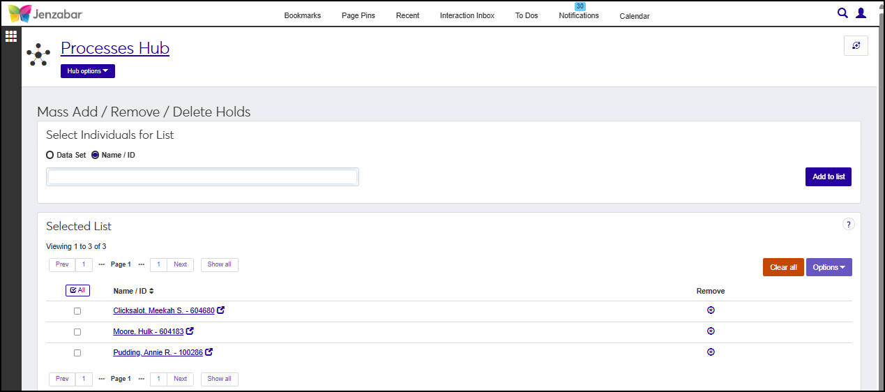 J1 Web Mass Add/Remove/Delete Holds page showing a populated Selected List after searching for a Data Set and clicking Add to List button.