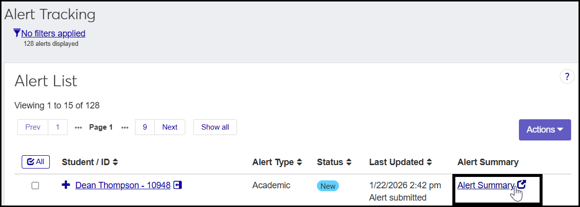 The Alert Tracking page showing the Alert Summary link on an alert's row