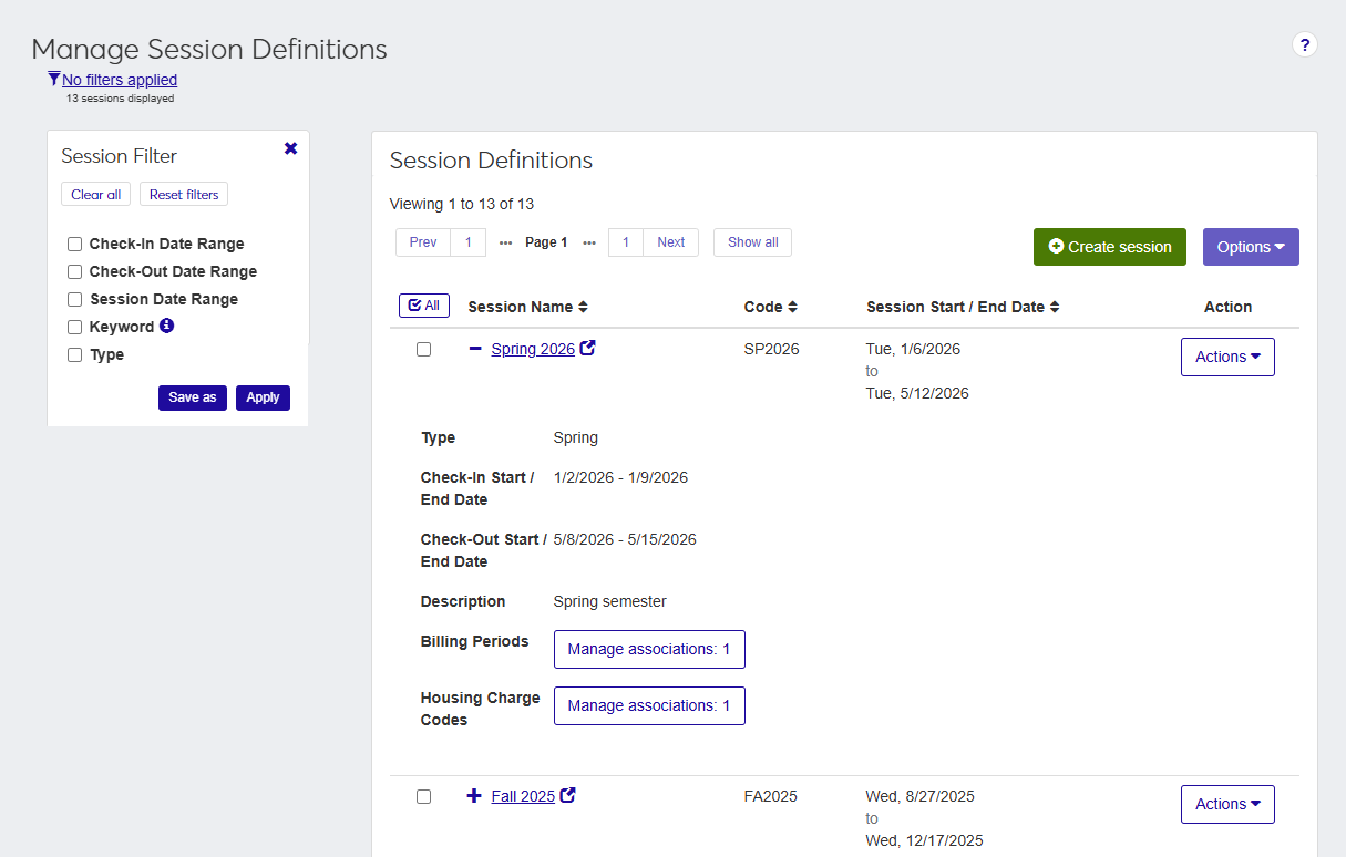Manage Session Definitions page