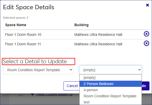 Edit Space Details window - Select a Detail to Update field highlighted