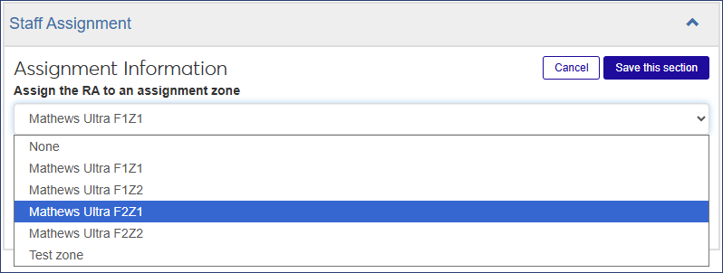 Update Staff Assignment window -- new assignment zone selected