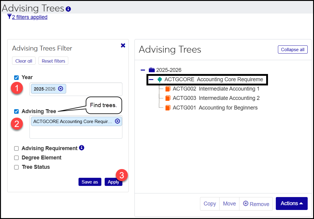 Advising Trees page showing how to search for a tree: 1. Enter a year. 2. Enter an Advising Tree. 3. Click Apply.