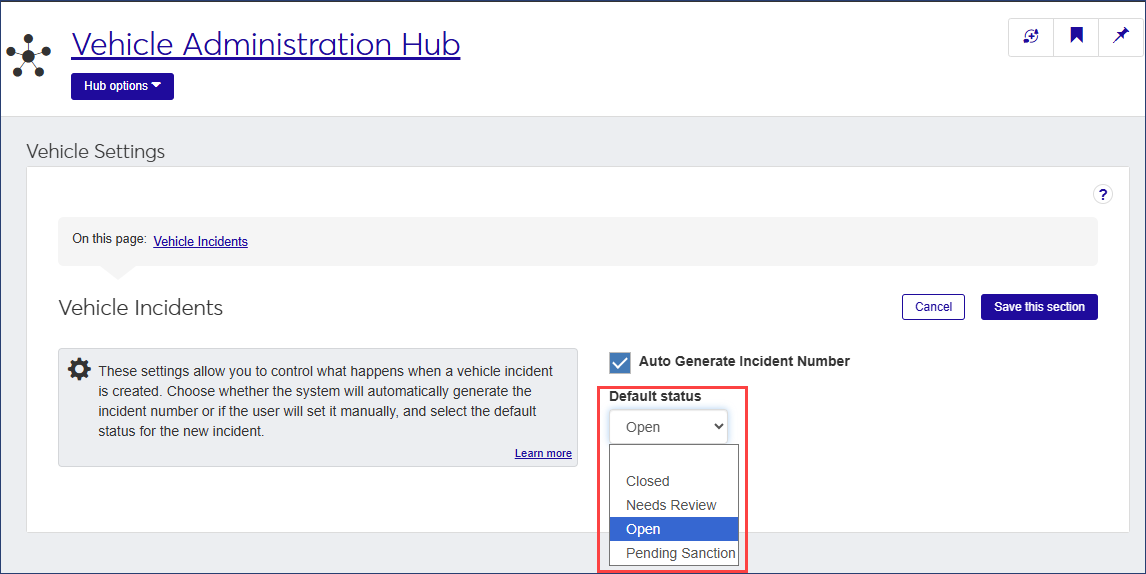 Vehicle Settings page - Default status drop-down highlighted