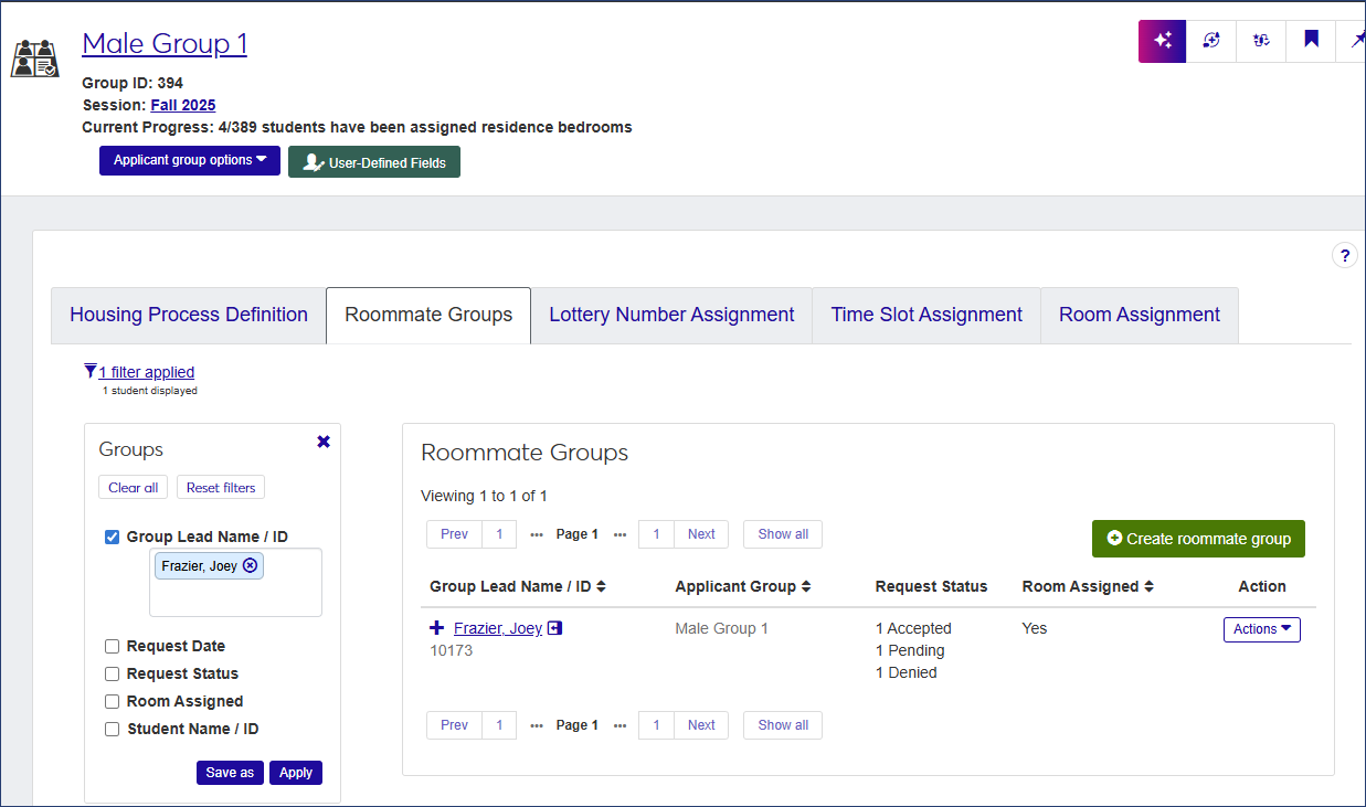 Roommate Groups tab accessed from Manage Housing Application and Assignment page