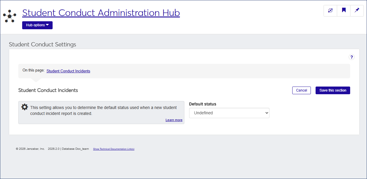 Student Conduct Settings page