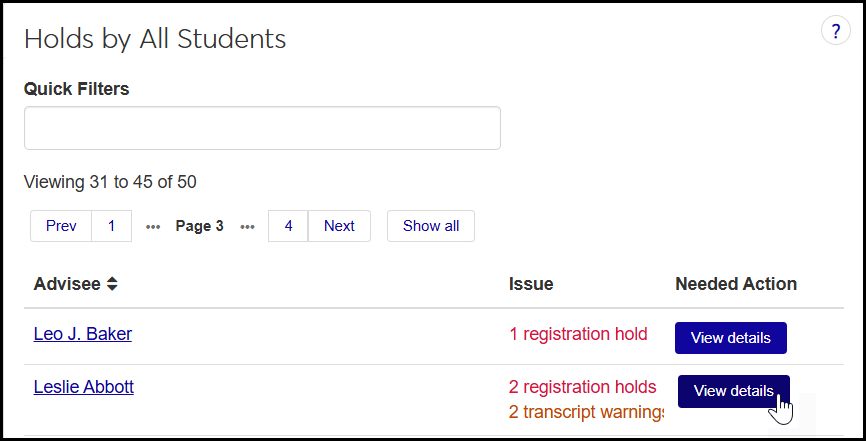 Advising Student Holds page showing 2 holds. The cursor is on the View details button ready to click it.