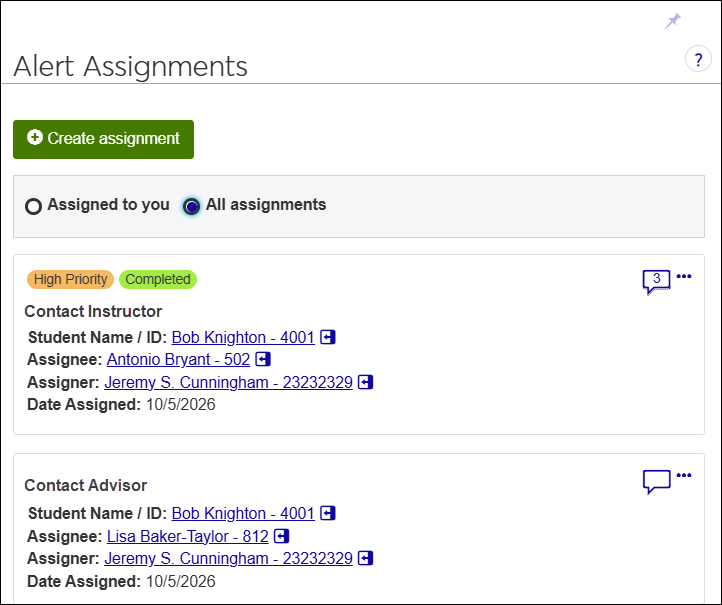 The Alert Assignments block shoing several assignments