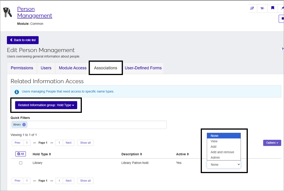 J1 Web Person Management Associations Tab showing the Related Information group for Hold Type as well as the list of permissions that can be granted for a Hold Type.