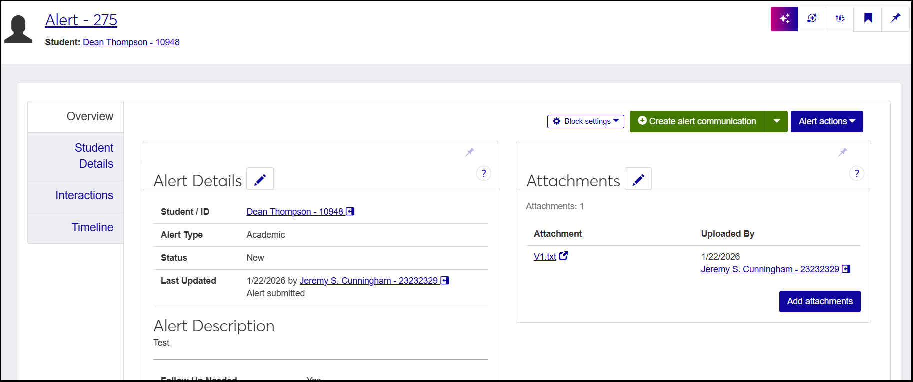 An alert's summary page showing the tabs: Overview, Student Details, Interactions, and Timeline