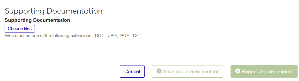 Create Vehicle Incident Report window - Supporting Documentation section