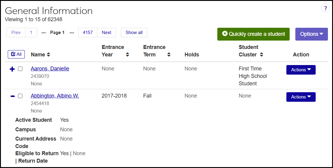 The Student General Information page
