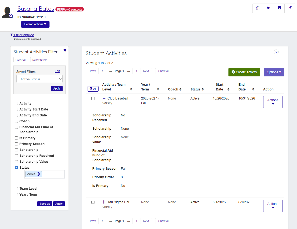 Student Activities page