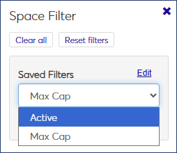 Saved Filters drop-down on Manage Residence Spaces page