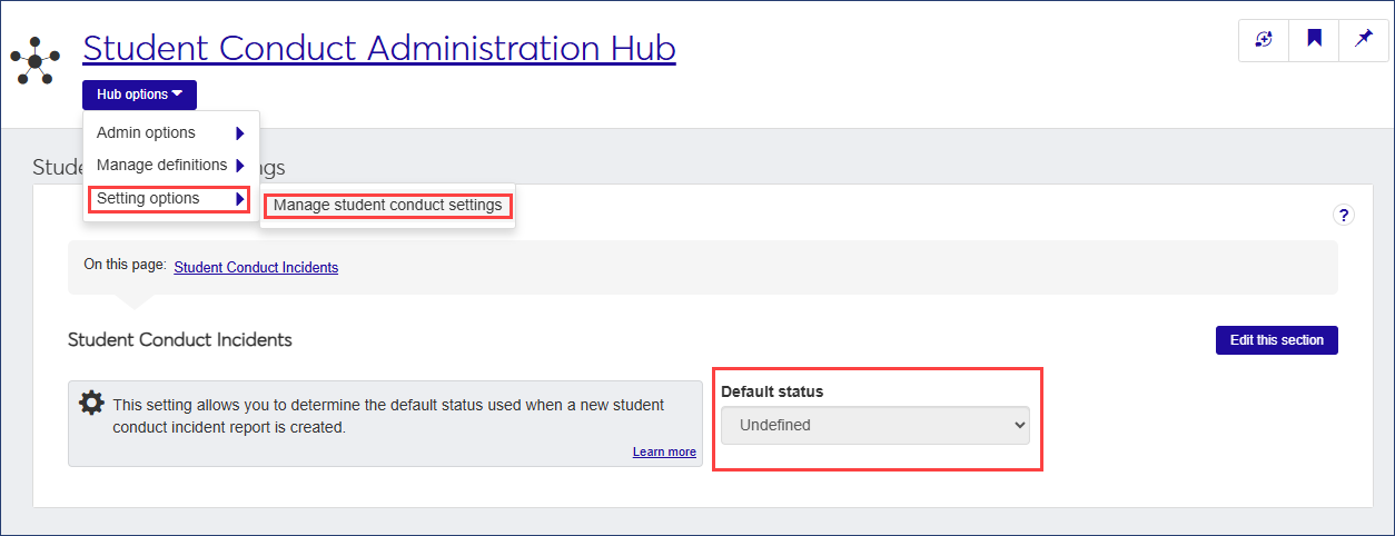 Student Conduct Settings window