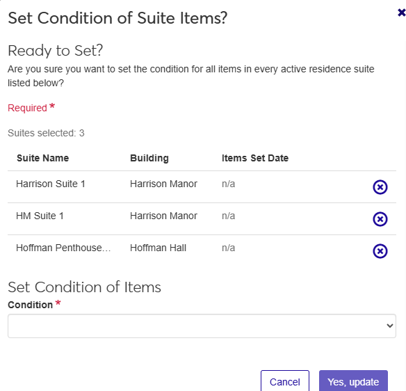 Set Condition of Suite Items pop-up for updating items in batch