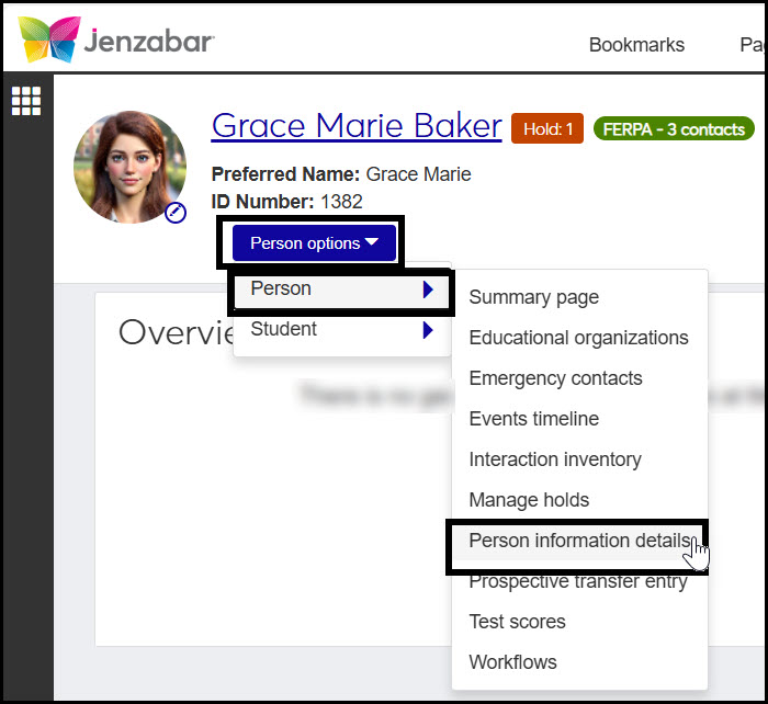 A student's Summary page showing the Person Options drop-down expanded. The user then selected Person, and then Person Information Details.