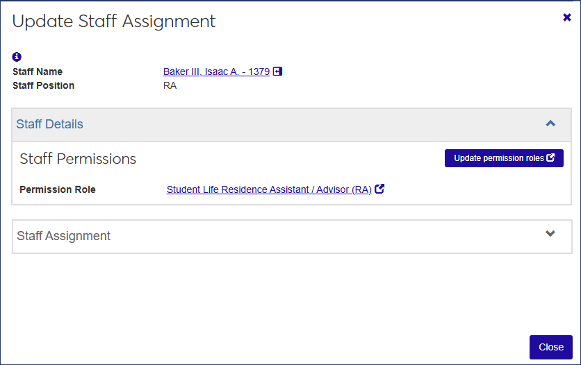 Update Staff Assignment window - Staff Details section