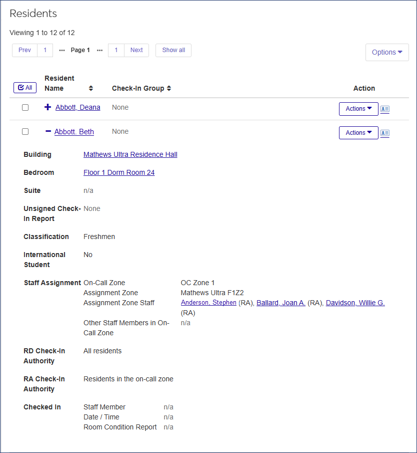 Resident Roster page