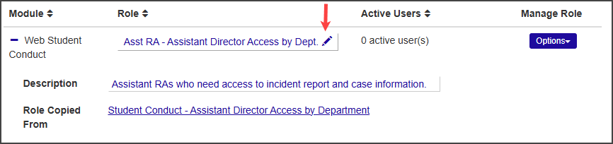 Student Conduct Roles page - Edit Name