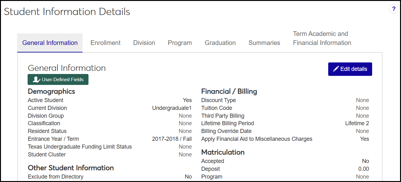 The Student Information Details page open to the General Information tab, but showing the other tabs, too