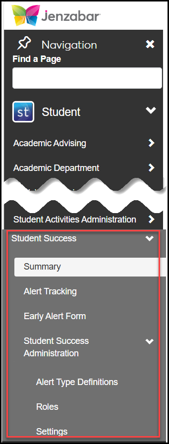 The Navigation panel showing the Student Success pages