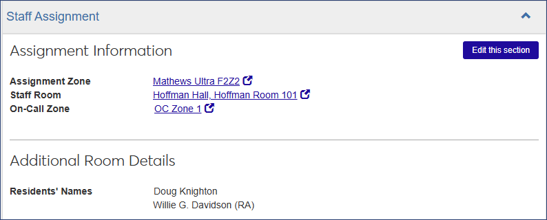 Update Staff Assignment window - Staff Assignment section