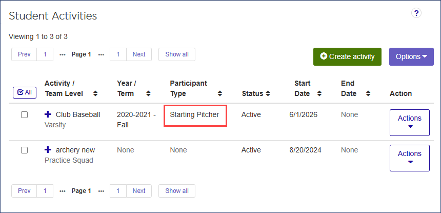 Student Activities page - Participant Type column highlighted