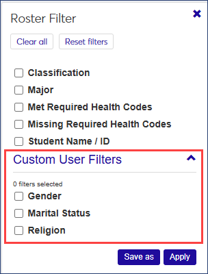Health Group Roster - Custom User Filters highlighted