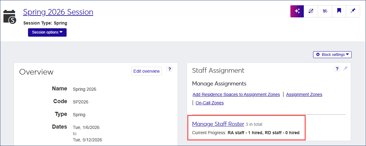 Session summary page with link to Manage Staff Roster page highlighted